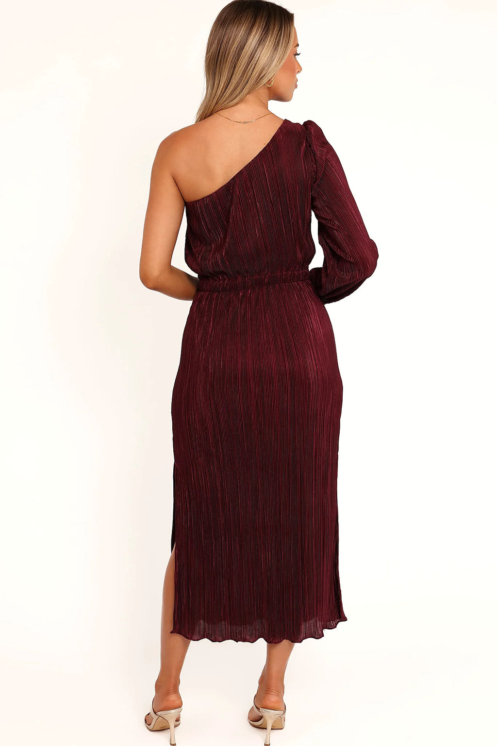 Pontee One Shoulder Pleated Midi Dress - Burgundy