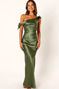 Front view of a olive asymmetric maxi dress, satin feel, showing the fit and drape of the skirt