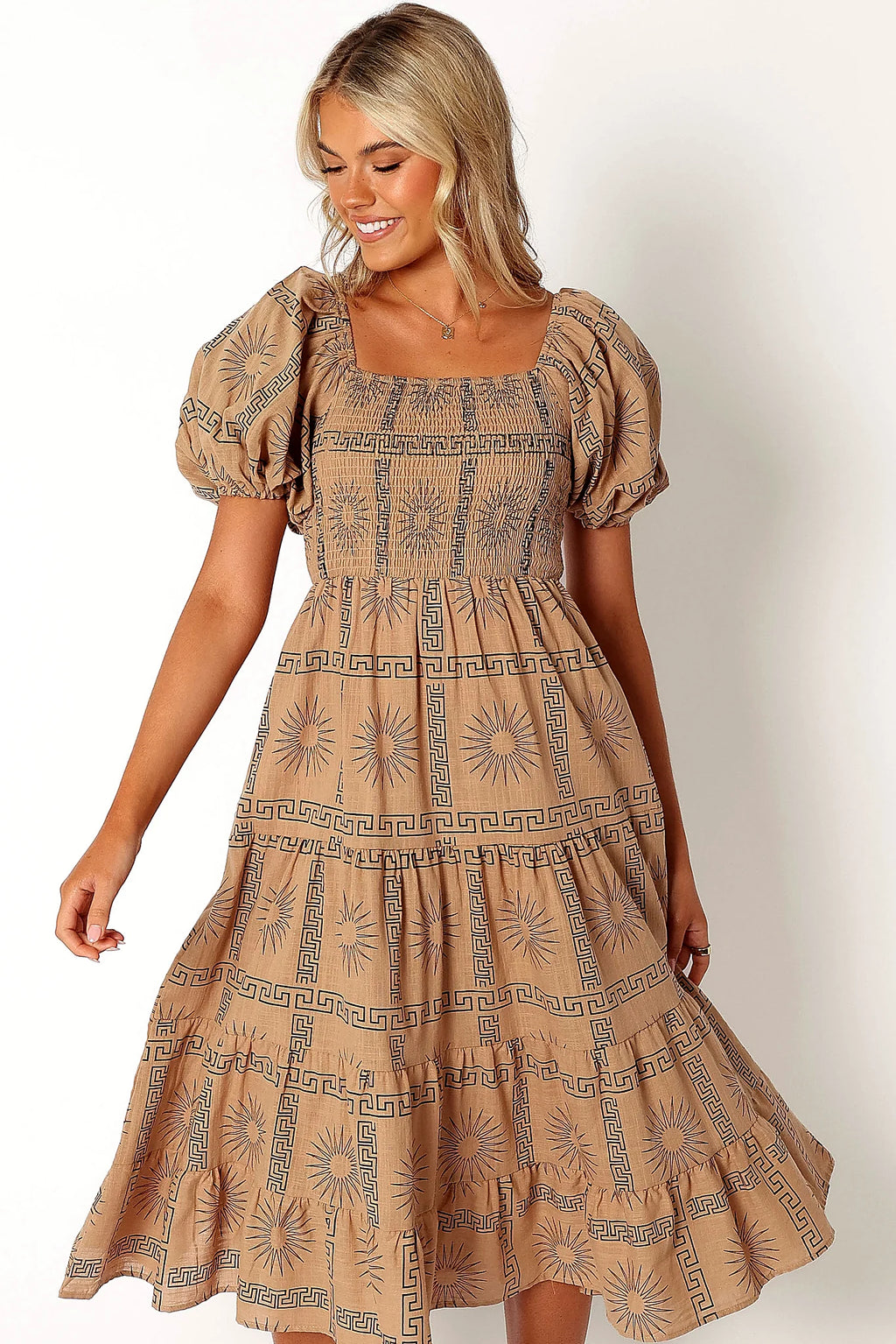 Soliel Puff Sleeve Midi Dress - Tan Black