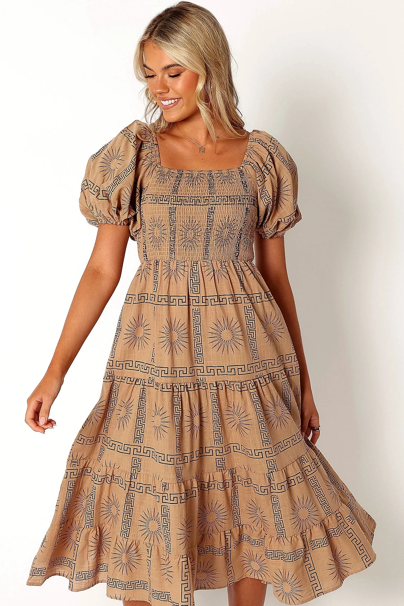 Soliel Puff Sleeve Midi Dress - Tan Black