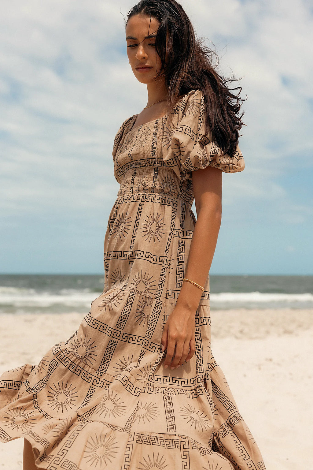 Soliel Puff Sleeve Midi Dress - Tan Black
