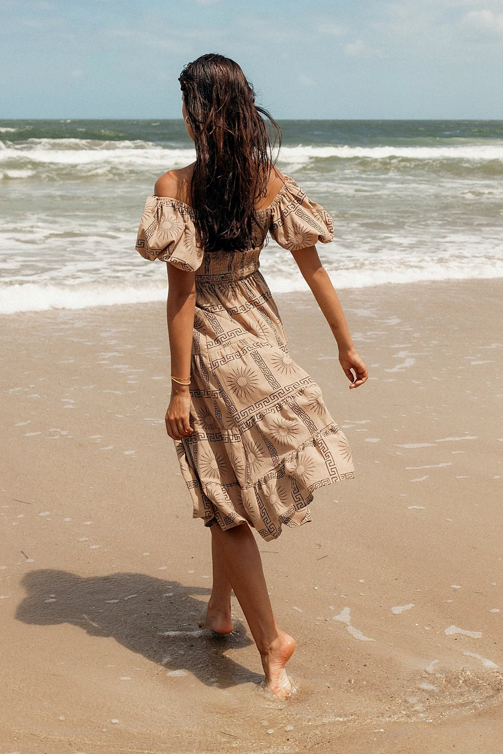 Soliel Puff Sleeve Midi Dress - Tan Black