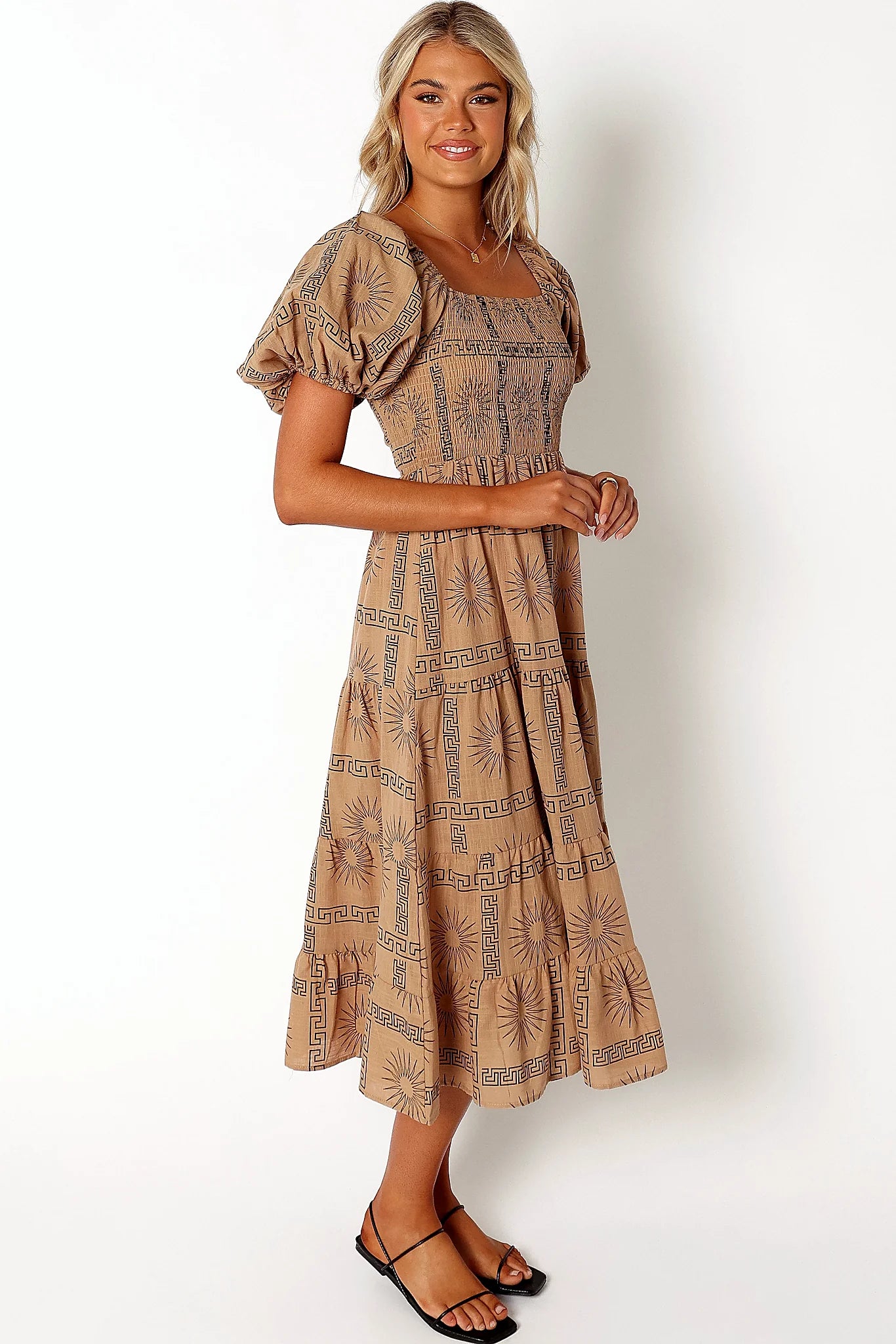 Soliel Puff Sleeve Midi Dress - Tan Black