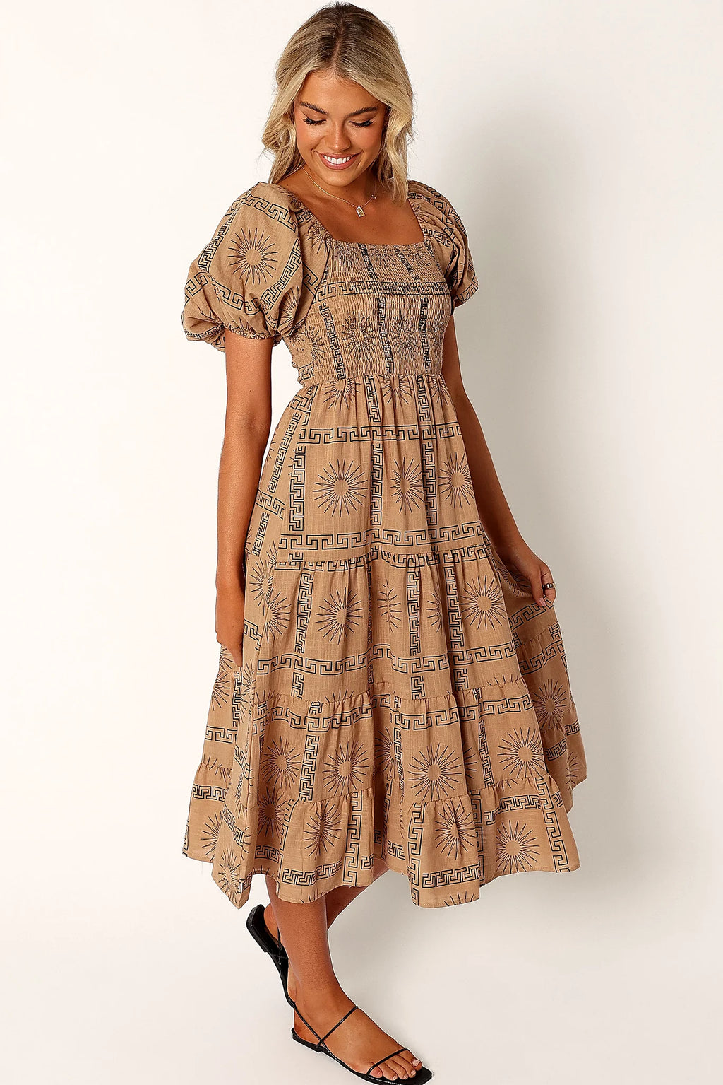 Soliel Puff Sleeve Midi Dress - Tan Black