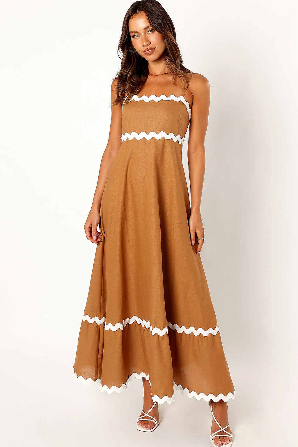 Shirred back panel on a relaxed fit long dress